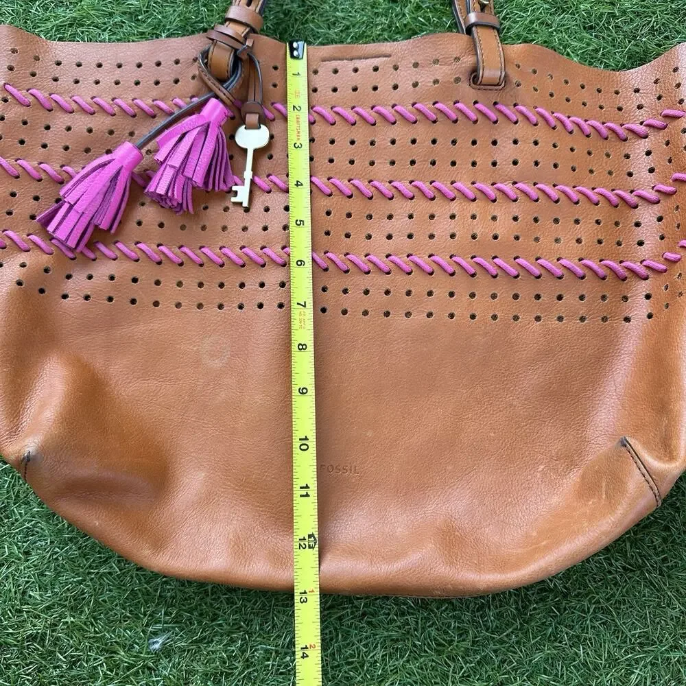 Vintage Fossil Rachel Large Tot Brown Whipstitched Leather Tassels Bag Key Pouch